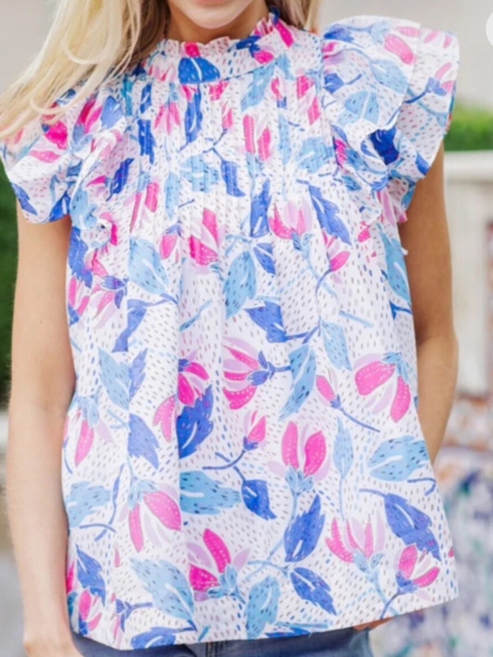 J.Marie Floral Pleated Ruffle Sleeve Blouse Size L